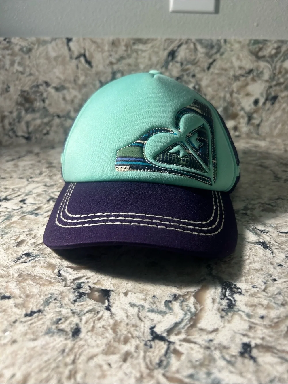 Y2K Roxy Mint and Purple Logo Trucker/surf Hat size small